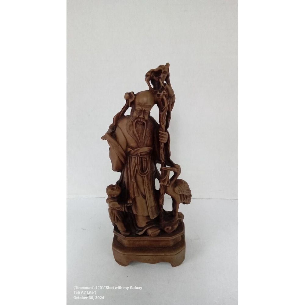 Vintage Chinese Shou Xing God of Longevity Resin Statue Crane & Child Figurine